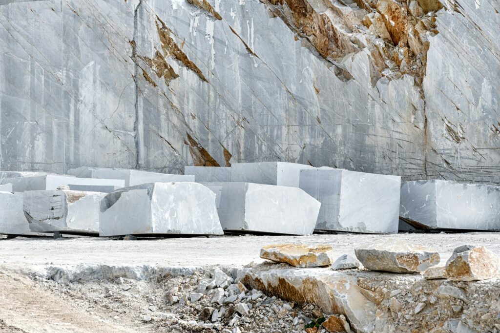 Blocks of cut white Carrara marble in the quarry